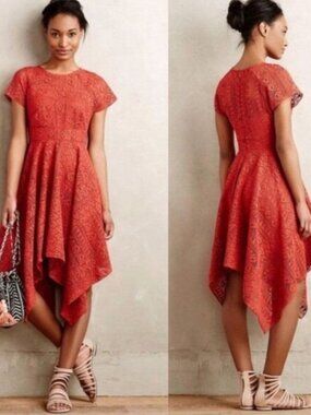 PRICE FIRM Anthropologie Maeve Orange Lace Handkerchief Dress 2/Small